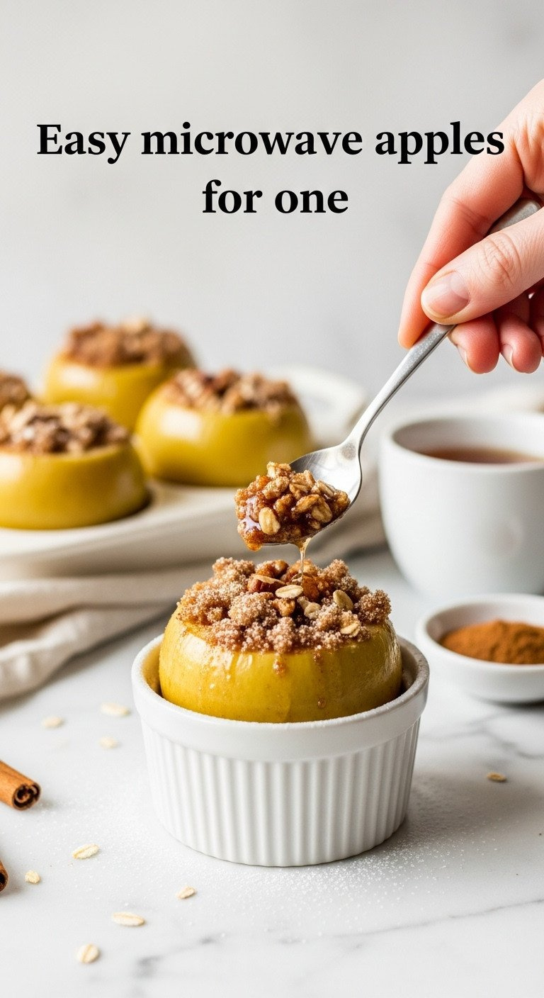 Easy Microwave Baked Apple For One In A Ramekin, Filled With Brown Sugar, Cinnamon, Oats. Soft, Glistening, Perfect Quick Healthy Dessert.