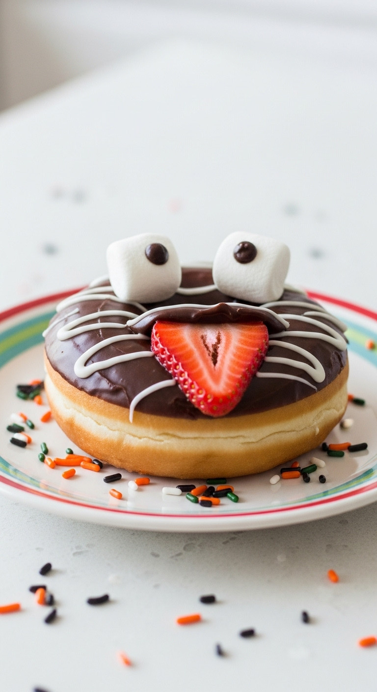 Easy Monster Donut With Marshmallow Eyes And A Sliced Strawberry Tongue On A Colorful Plate With Halloween Sprinkles