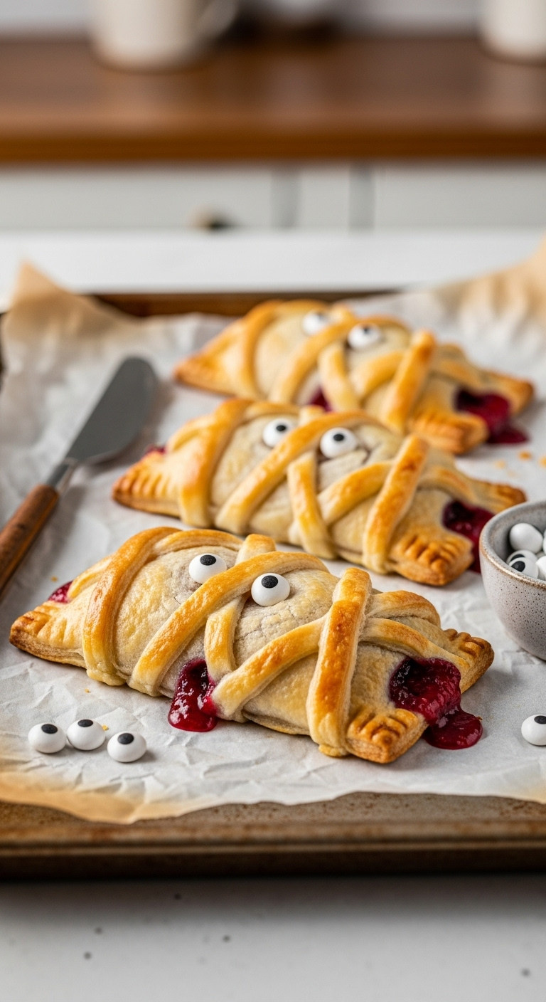 Easy Mummy Hand Pies With Candy Eyeballs And Berry Filling On Parchment Paper For Halloween Breakfast