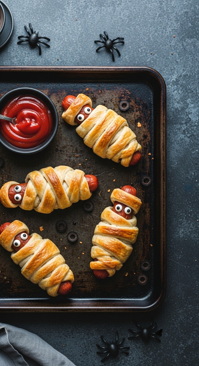 Easy Mummy Hot Dogs With Crescent Dough Bandages And Candy Eyeballs On A Dark Baking Sheet With Ketchup