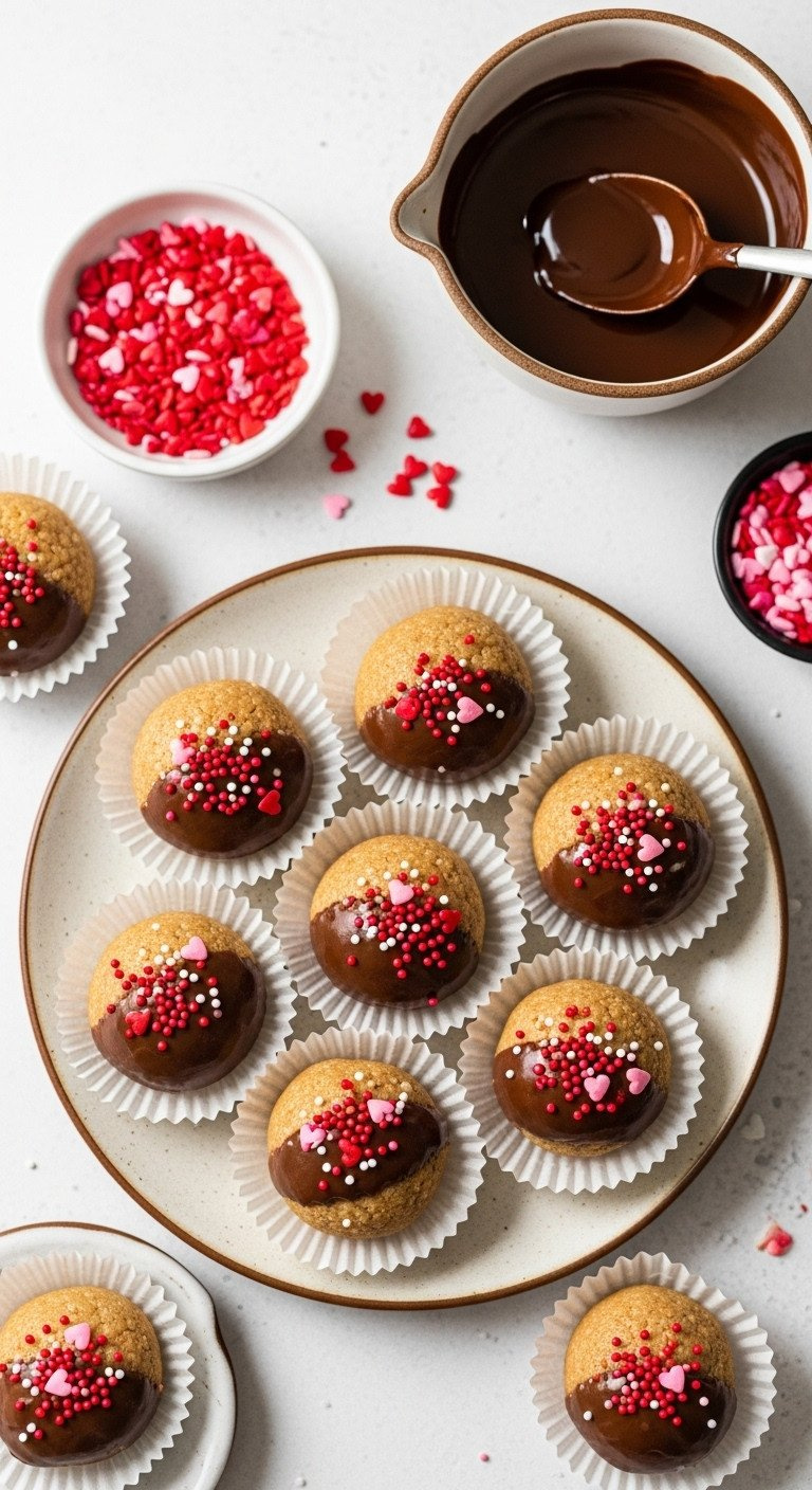 Easy No-Bake Peanut Butter Balls, Chocolate-Dipped, Red &Amp; Pink Sprinkles In Candy Cups, Vintage Plate, Bright Light.