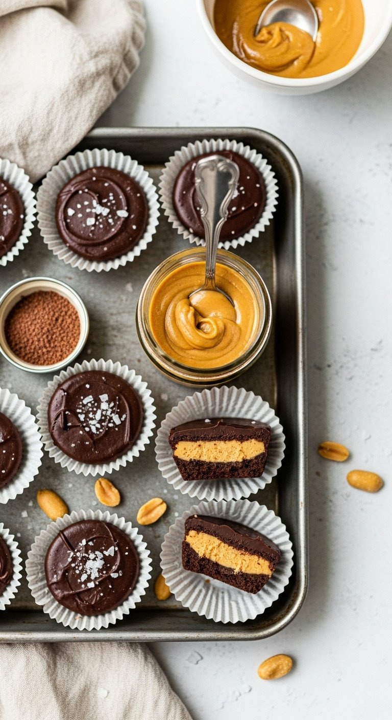 Easy No-Bake Vegan Peanut Butter Cups In Liners, Dark Chocolate &Amp; Creamy Filling, Sea Salt, On A Metallic Tray.