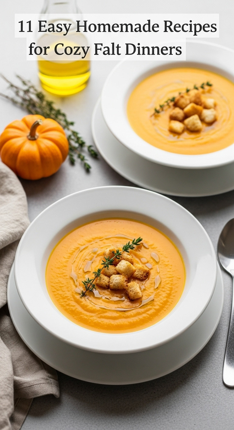 Easy One-Pot Pumpkin Soup With Thyme Olive Oil And Croutons In A White Bowl On A Light Grey Concrete Surface