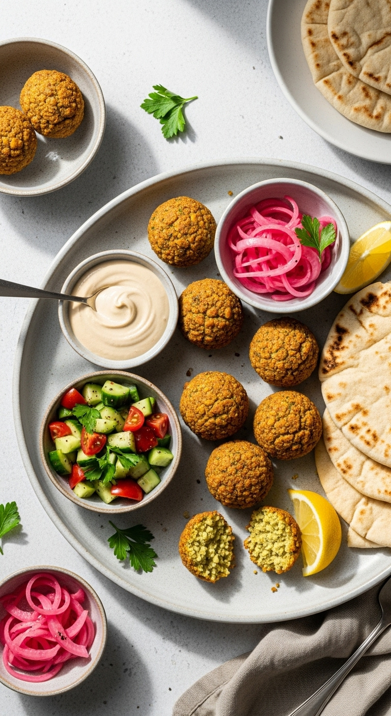 Easy Oven Baked Falafel Platter With Tahini Pickled Onions Cucumber Tomato Salad Pita Bread Parsley And Lemon Wedge