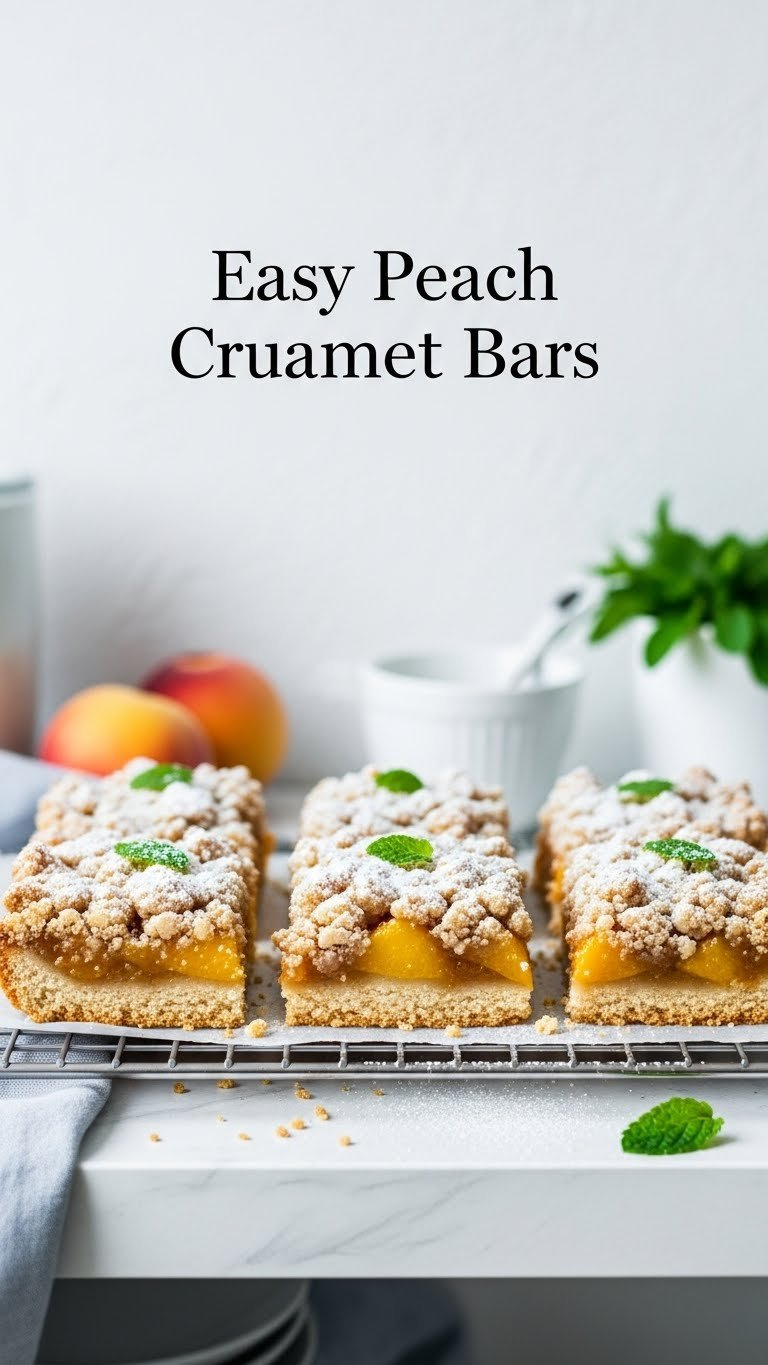 Easy Peach Crumb Bars In A Neat Row On A Cooling Rack, Showing Buttery Crust, Sticky Peach Filling, And Crumbly Topping. Dusted With Sugar.
