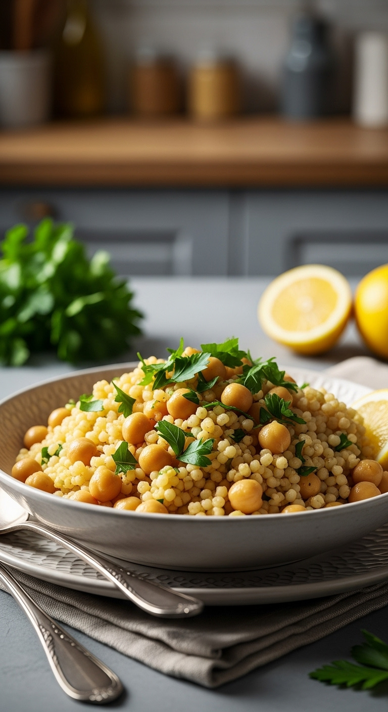Easy Pearl Couscous With Chickpeas And Parsley In Ceramic Bowl With Silver Spoon And Lemon Wedge