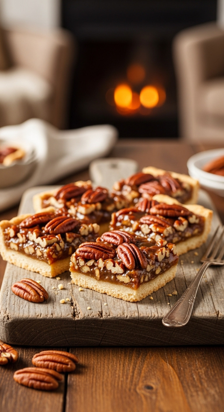 Easy Pecan Pie Bars With Gooey Filling And Crunchy Pecans On A Shortbread Crust On A Wooden Cutting Board