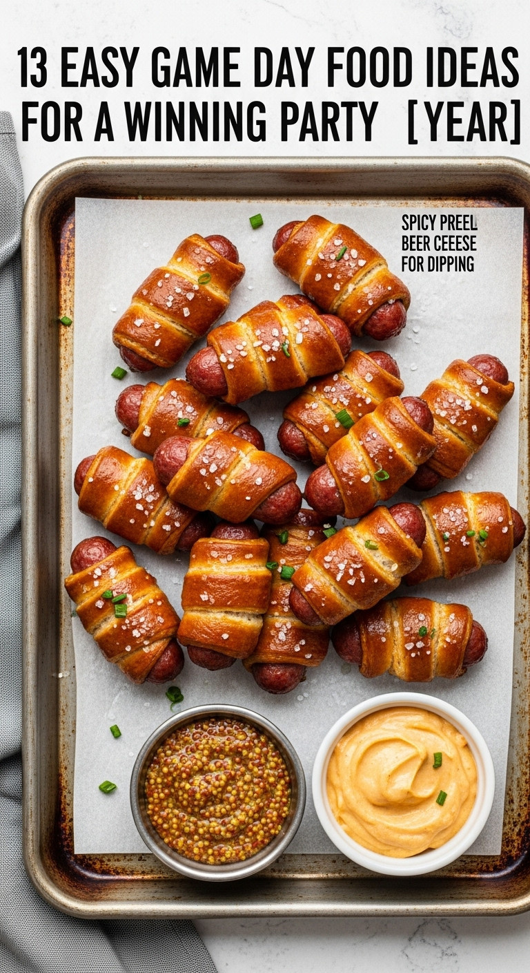 Easy Pretzel Bratwurst Bites With Coarse Sea Salt On Parchment Paper With Mustard And Beer Cheese Dip