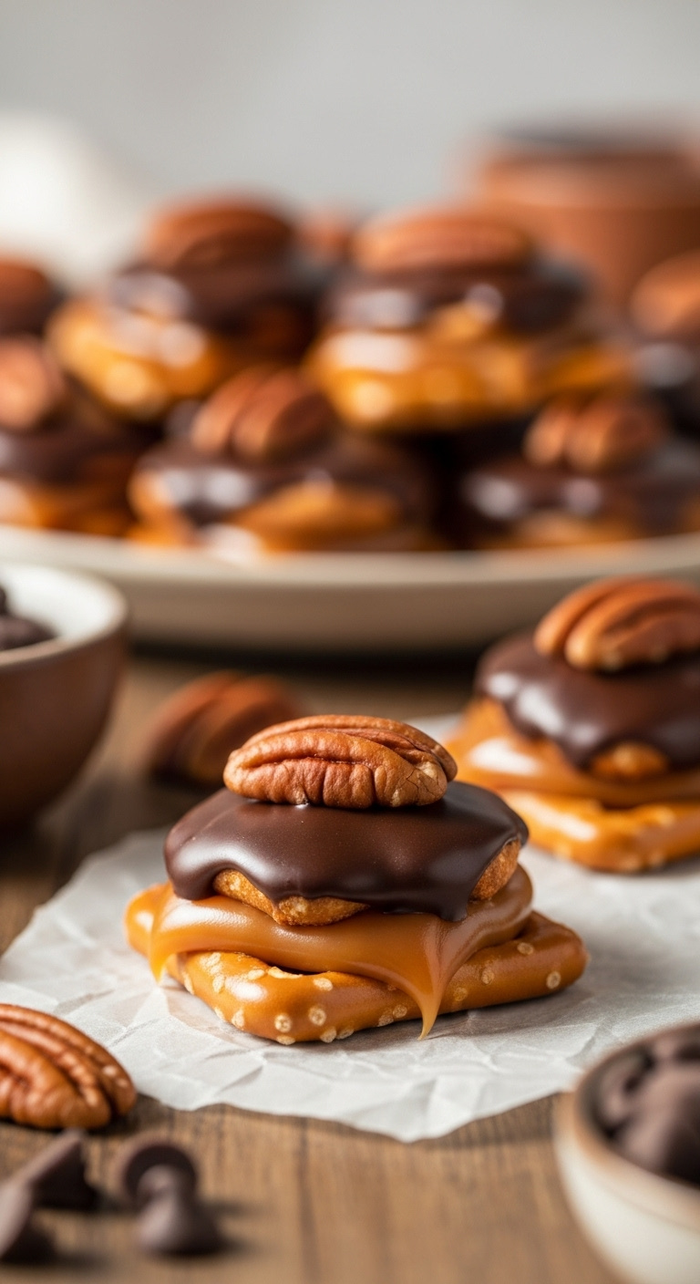 Easy Pretzel Turtles With Melted Chocolate Caramel And Pecans On Parchment Paper