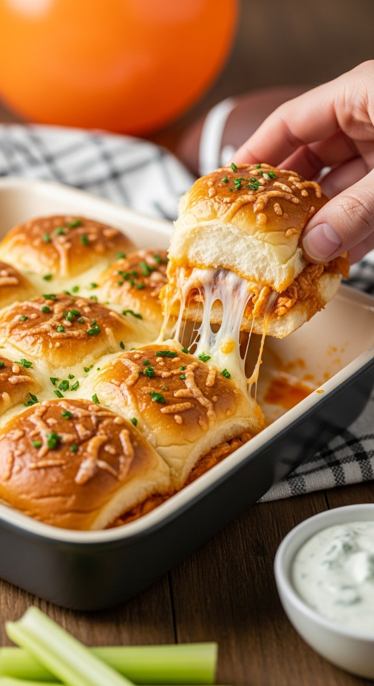 Easy Pull Apart Buffalo Chicken Sliders With Melted Provolone Cheese And Butter Herb Glaze In A Baking Dish