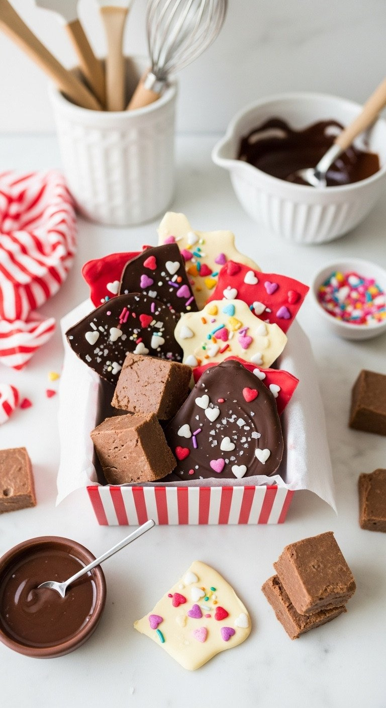 Easy Quick-Prep Chocolate Fudge And Colorful Bark With Heart Sprinkles In A Red Striped Gift Box On Marble.