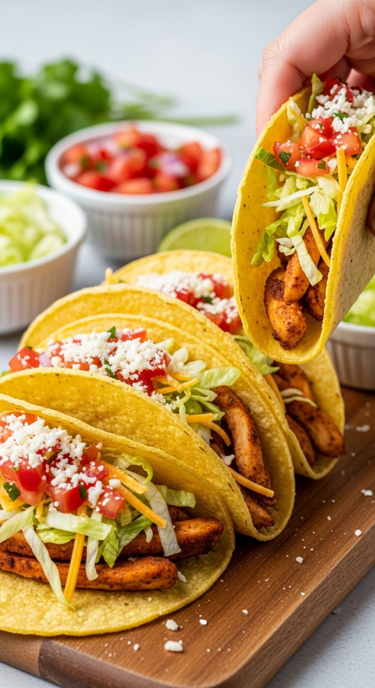Easy Rotisserie Chicken Tacos With Vibrant Toppings On A Wooden Board