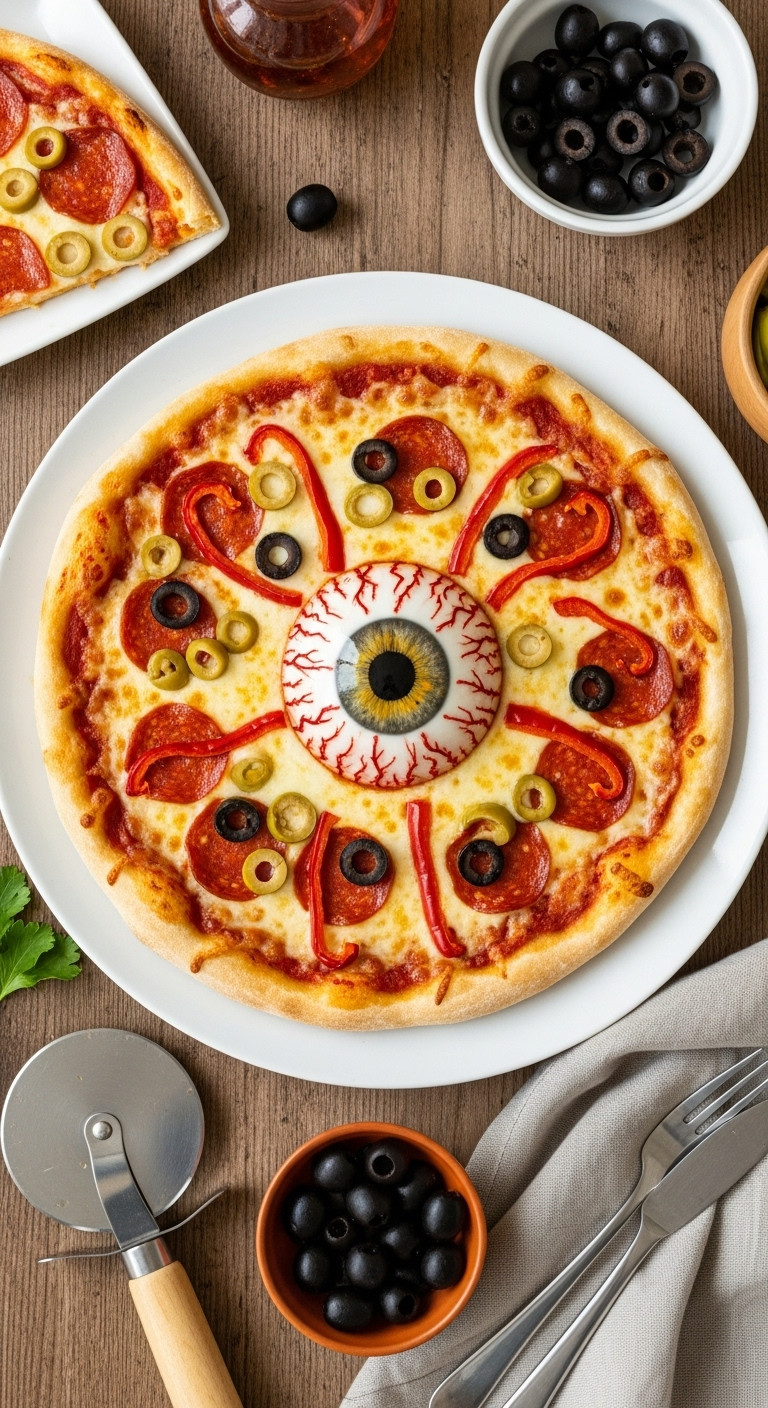 Easy Savory Eyeball Pizza With Black Olive Pupil Green Olive Pepperoni Iris And Red Pepper Veins On Wooden Table