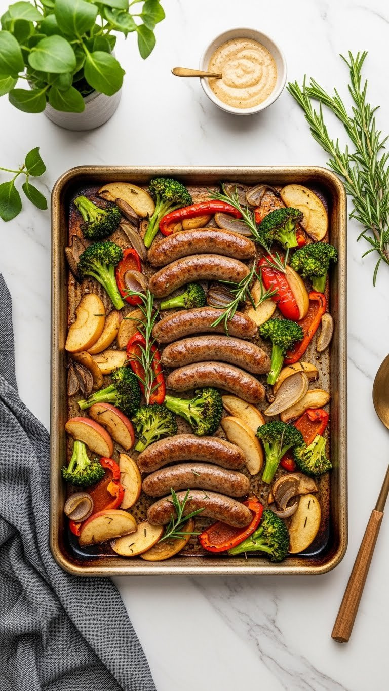 Easy Sheet Pan Sausage And Veggies With Colorful Roasted Broccoli, Bell Peppers, Apples, And Fresh Rosemary On Baking Sheet