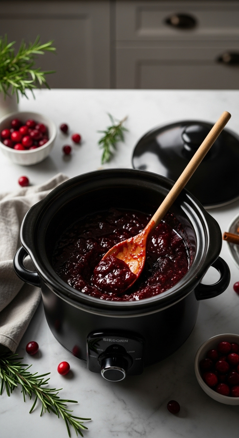 Easy Slow Cooker Christmas Jam In A Ceramic Slow Cooker With A Wooden Spoon And Cranberries