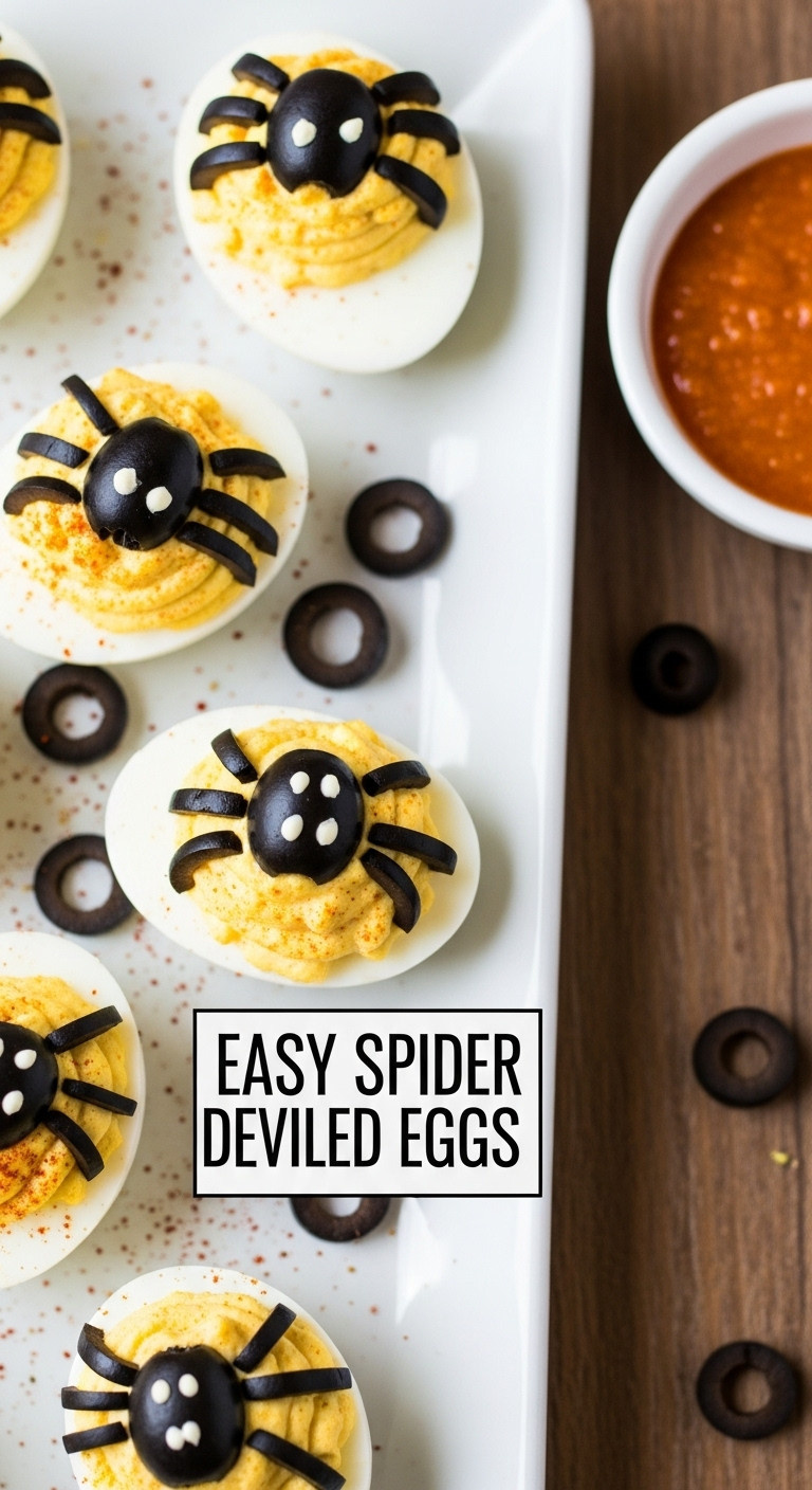 Easy Spider Deviled Eggs With Black Olive Spiders On A White Ceramic Tray With Paprika