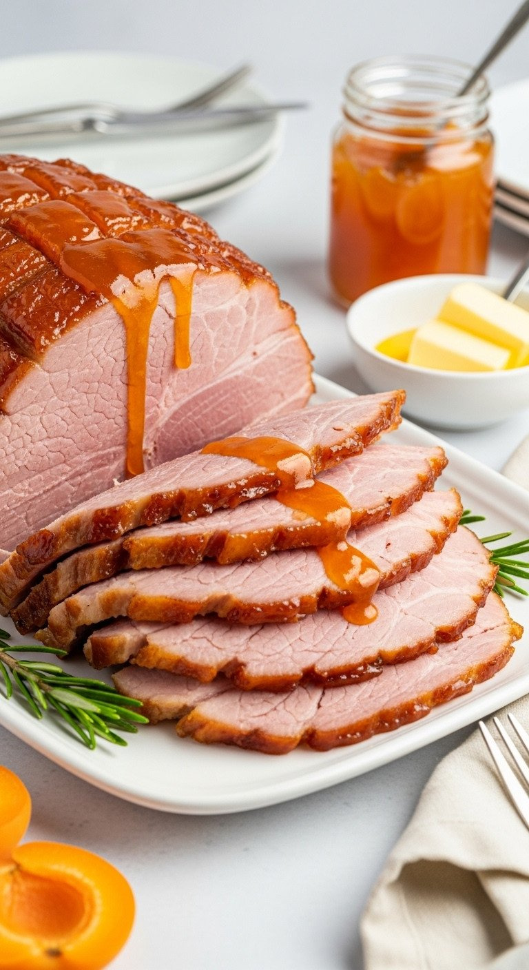 Easy To Carve Spiral Ham With Rich, Glossy Apricot Glaze Dripping Down Slices, On White Platter, Elegant Tablescape.