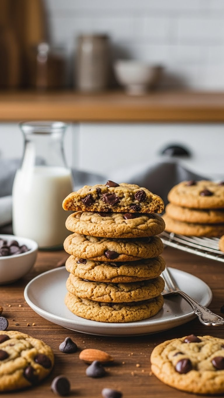 Easy Vegan Chocolate Chip Cookies Stack With Melted Chocolate Chips On Rustic Wooden Table