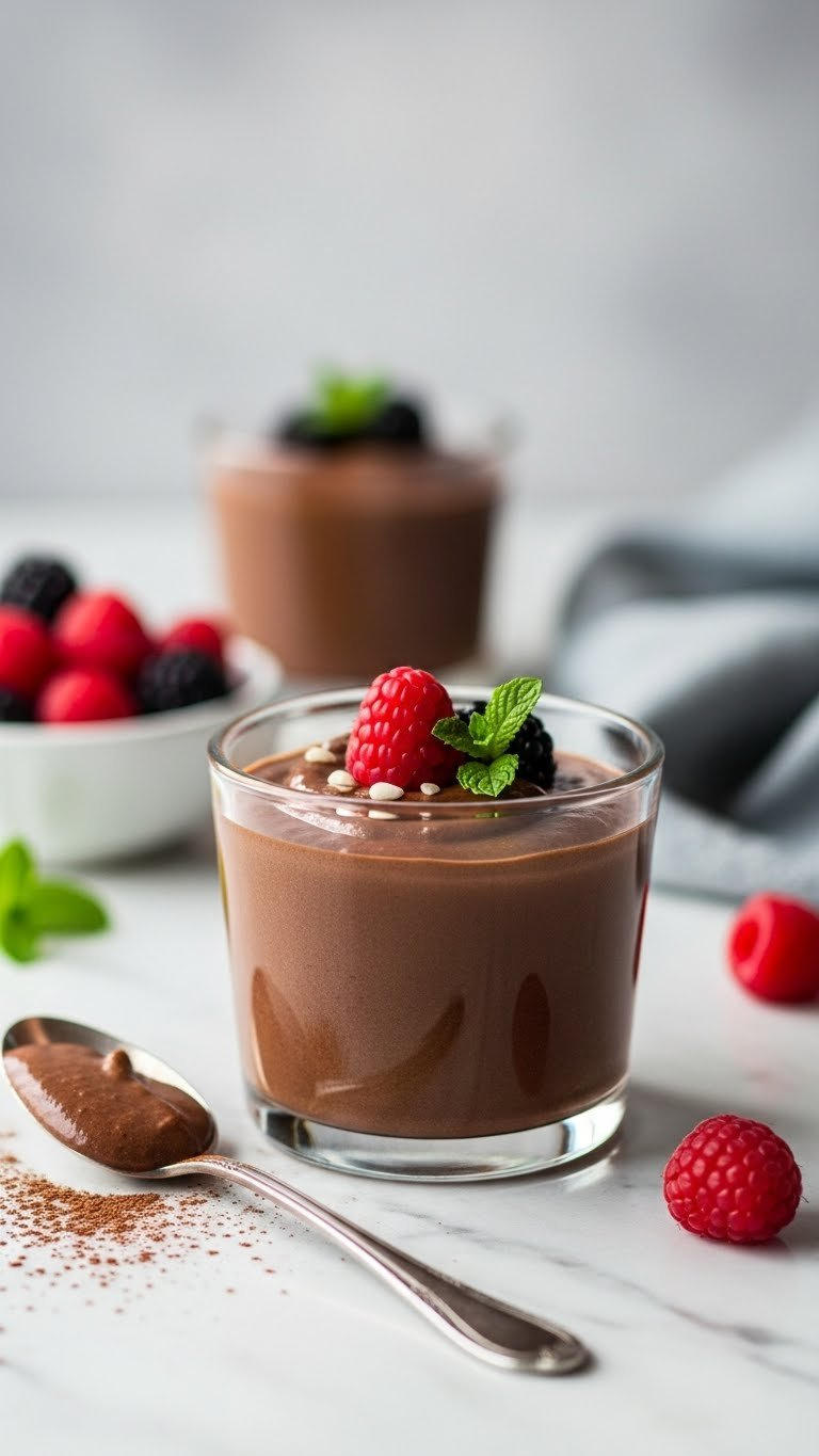Easy Vegan Chocolate Pudding In Glass Ramekin Topped With Fresh Raspberries On Marble Countertop