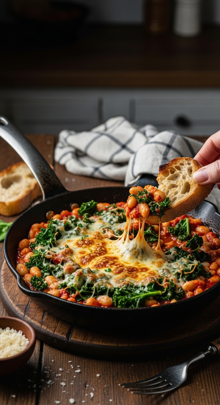 Easy White Beans And Greens Skillet With Melted Cheese And Crusty Bread Dipped In It With Parmesan And Fork On Wood Table