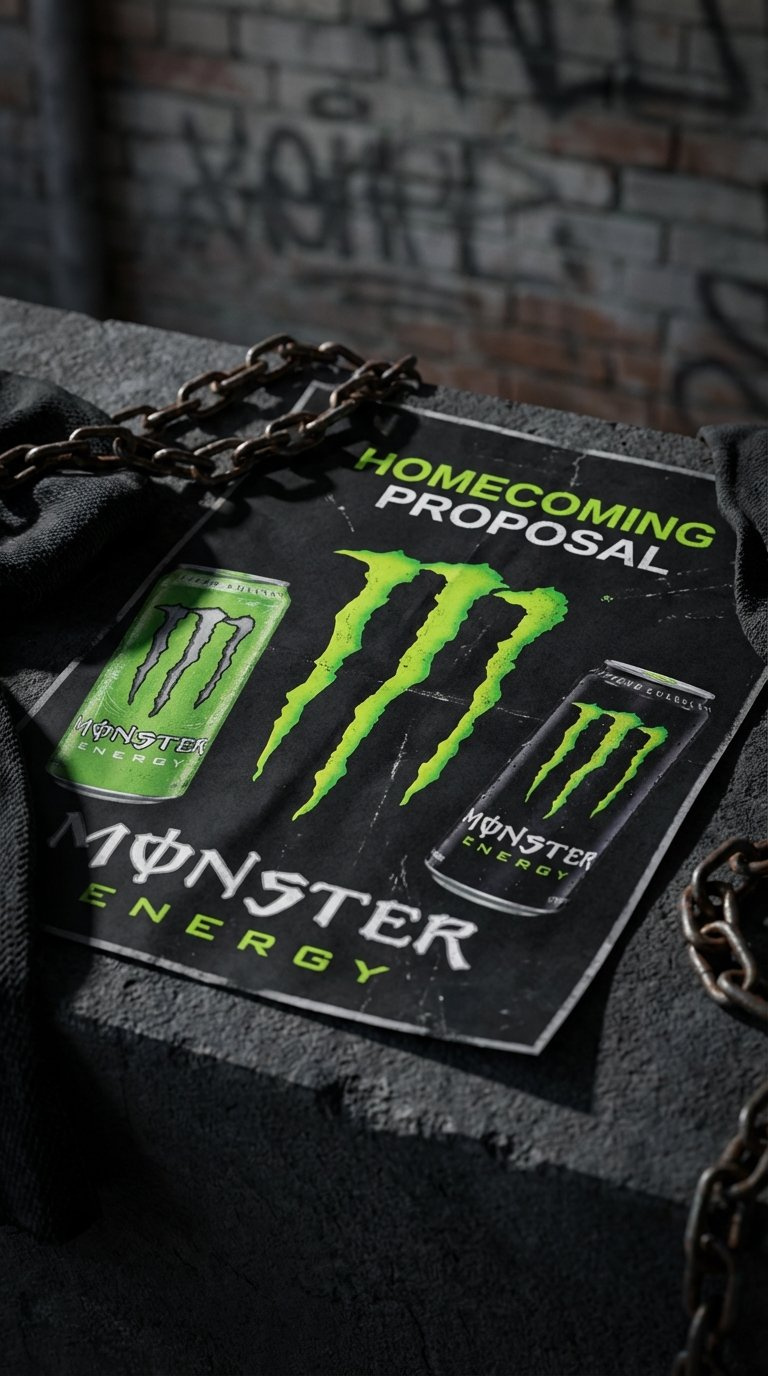 Edgy Monster Energy Homecoming Proposal Poster With Neon Green Accents And Cans On Dark Industrial Concrete Surface