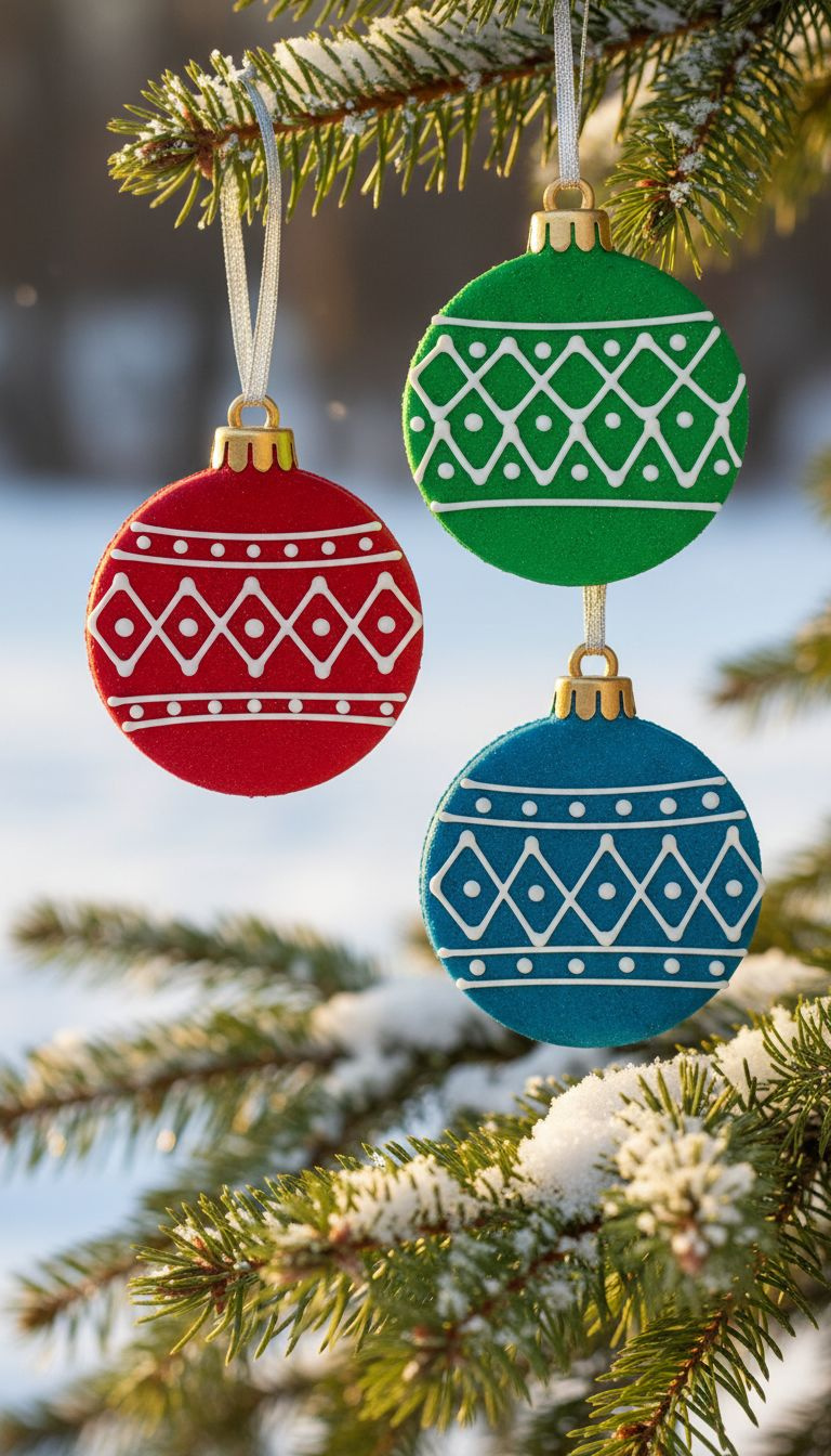 Edible Christmas Ornament Oreos: Vibrant Red, Green, Blue Candy Melts, Metallic Toppers. Hanging From Pine Branches.