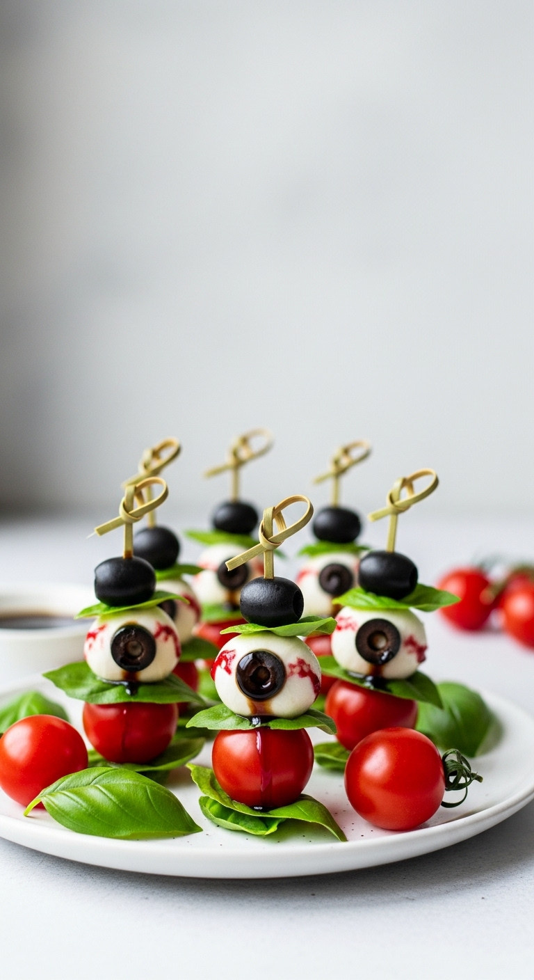 Eerie Eyeball Caprese Skewers: Mozzarella, Olive Pupil, Cherry Tomato, Basil, Balsamic Glaze On White Platter. Spooky Appetizer.
