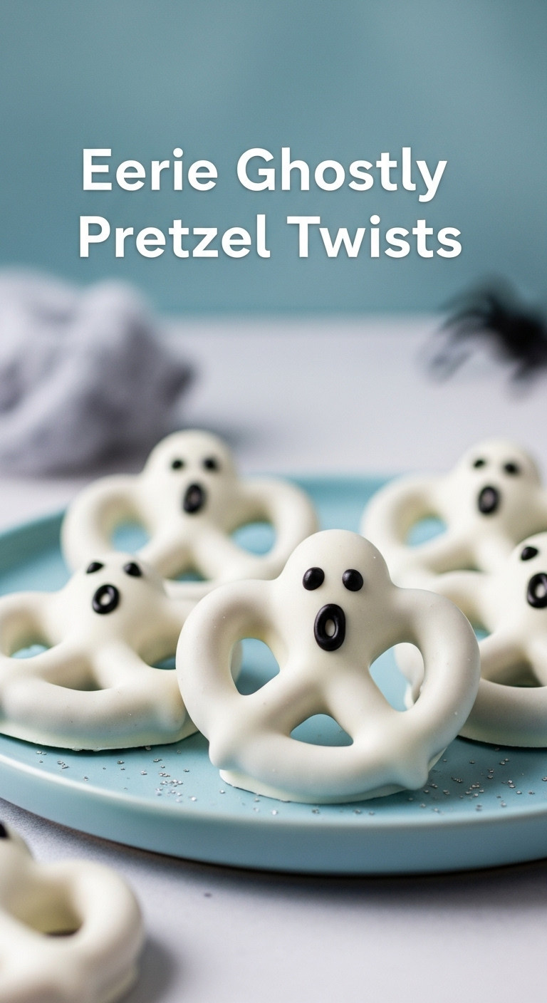 Eerie Halloween Ghostly Pretzel Twists: White Chocolate-Covered With Cute Black Ghost Faces On A Light Blue Plate With Glitter.