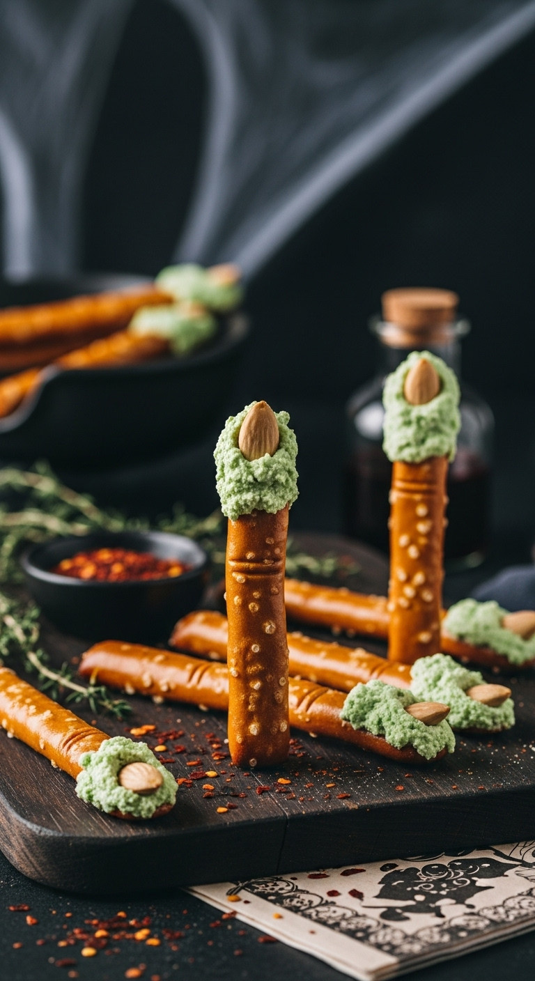 Eerie Witch Finger Pretzels With Green Cheese, Almond Nails, On Dark Rustic Board, With Halloween Decor And Chili Flakes; Spooky Party Snack.