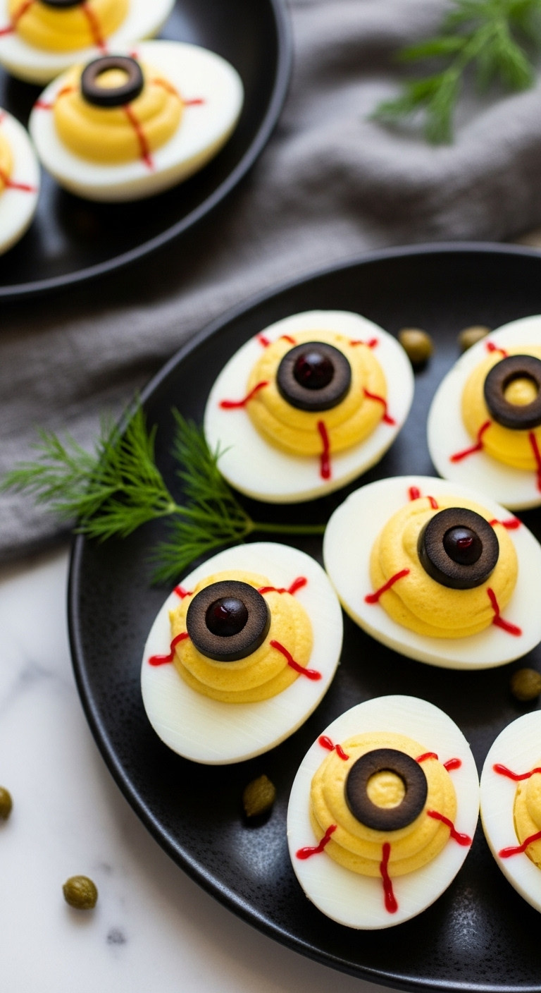 Eerie Deviled Eggs With Black Olive Pupils And Red Bloodshot Veins, Elegantly Arranged On A Dark Platter, Spooky Halloween Snack.