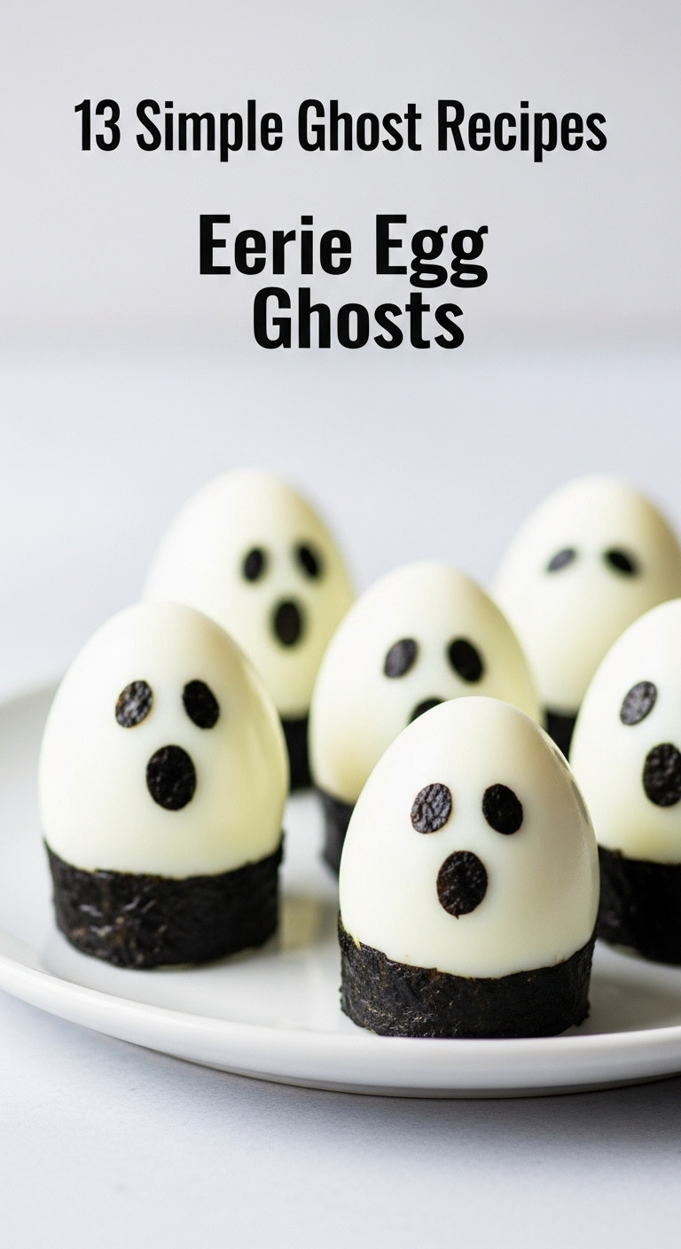 Eerie Egg Ghosts With Black Seaweed Faces On A Simple White Plate In Bright Daylight