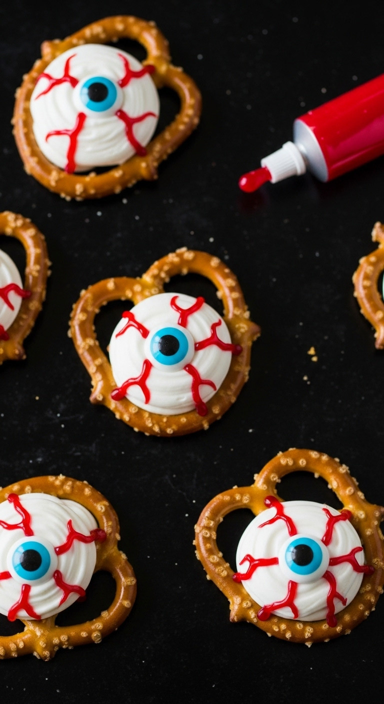 Eerie Eyeball Pretzels With White Cream Cheese Frosting Candy Eyeballs And Red Decorating Gel Veins On A Dark Surface