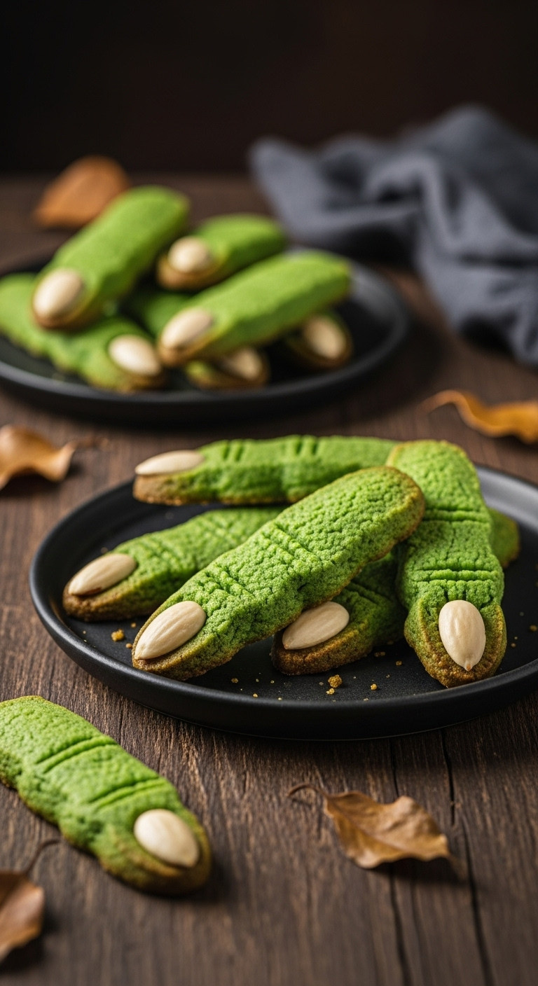 Eerie Green Witch Finger Shortbread Cookies With Almond Fingernails On Rustic Platter, Surrounded By Dried Leaves &Amp; Cobweb. Spooky Halloween Dessert.