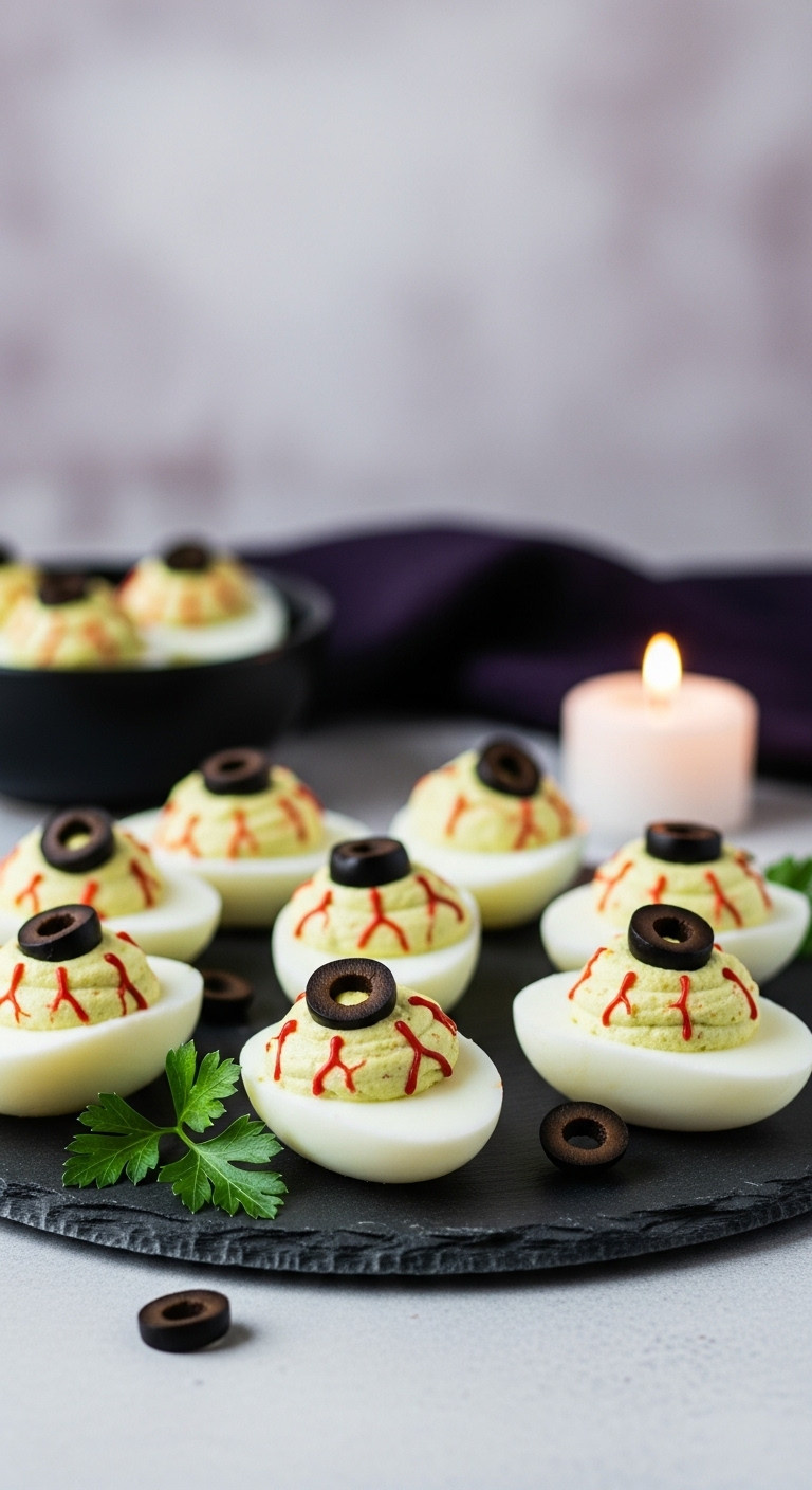 Eerie Monster Eyeball Deviled Eggs With Green Yolks, Black Olive Pupils, And Red Veins On A Slate Platter.