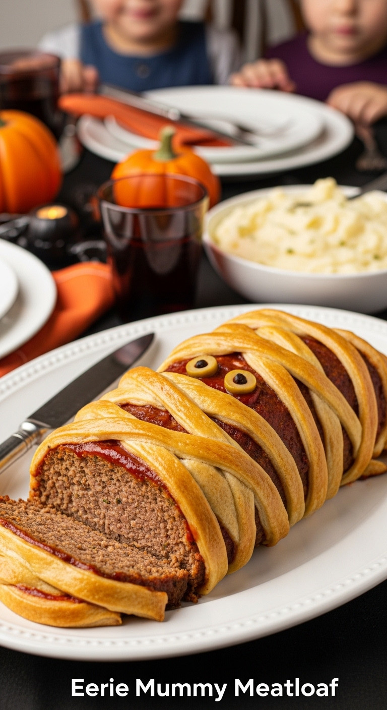 Eerie Mummy Meatloaf Wrapped In Dough Bandages With Ketchup Blood And Olive Eyes On A White Ceramic Platter