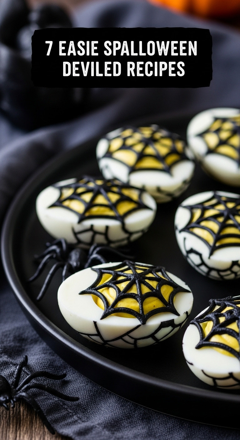 Eerie Spiderweb Deviled Eggs With Black Crackle Pattern And Bright Yellow Yolk On A Black Serving Plate