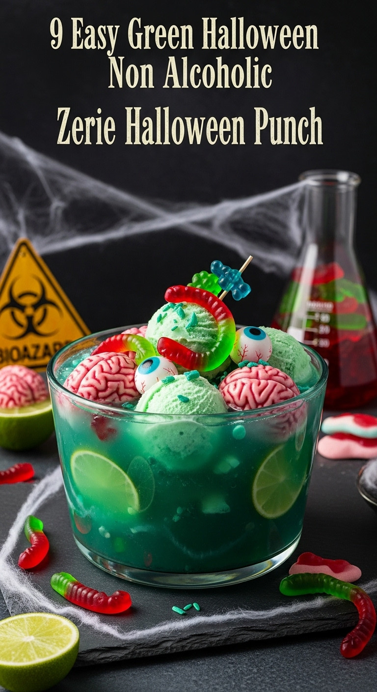 Eerie Zombie Halloween Punch With Lime Sherbet Gummy Brains Eyeballs And Worms In A Clear Punch Bowl