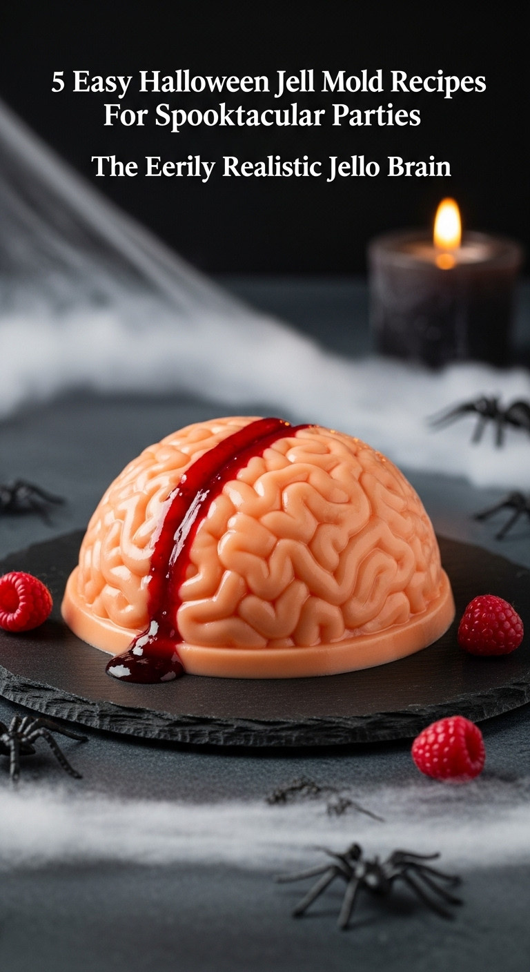 Eerily Realistic Jello Brain With Peach Color Raspberry Jam Blood And Plastic Spiders On A Dark Slate Platter Perfect For Spooky Recipes