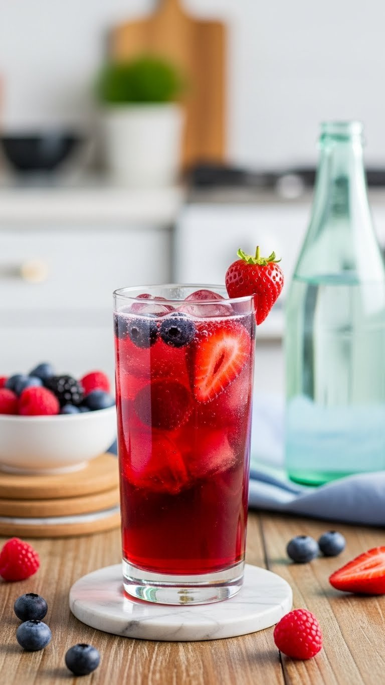 Effervescent Crimson Sparkling Berry Iced Tea With Mixed Berries And Rising Bubbles On Rustic Wooden Surface