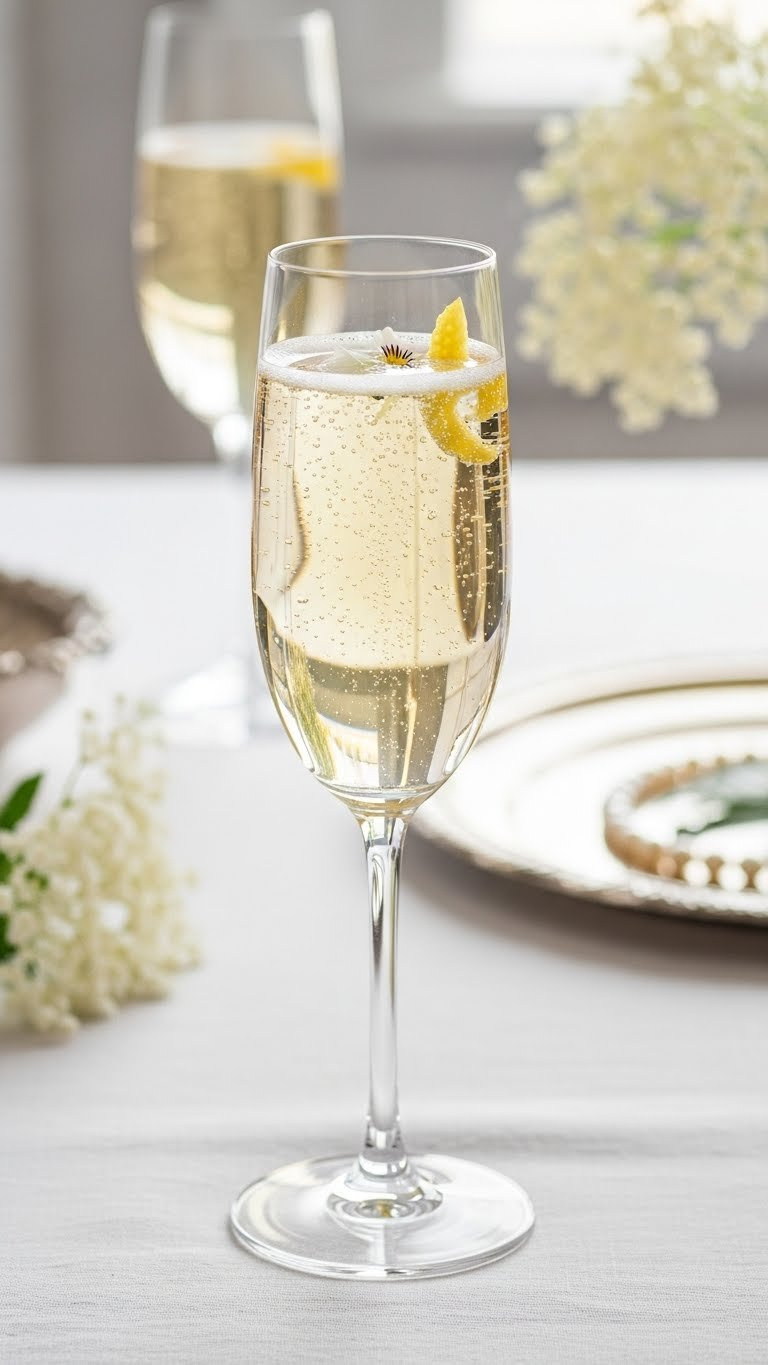 Effervescent Sparkling Elderflower Royale Mocktail In Champagne Flute With Delicate Bubbles