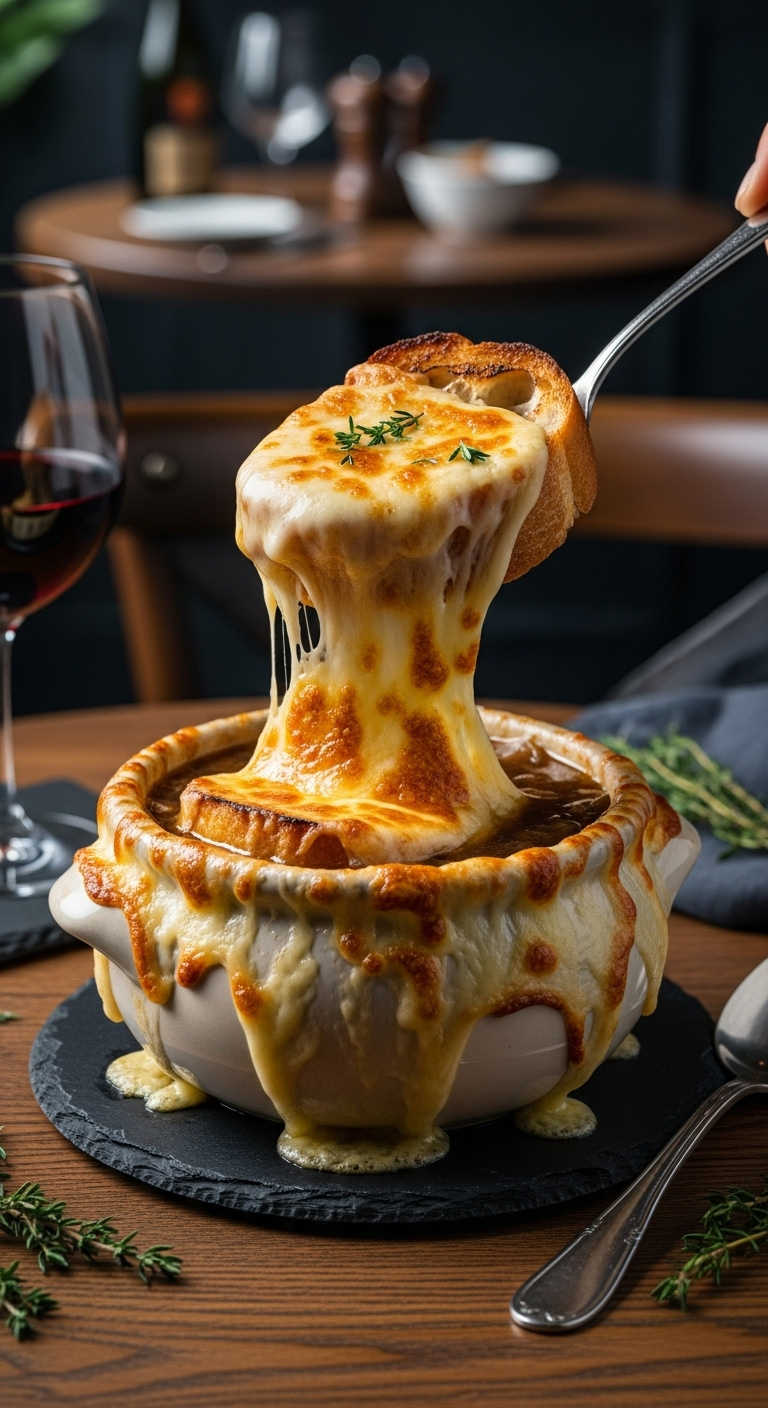 Effortless Slow Cooker French Onion Soup With Melted Gruyère Cheese Baguette In Ceramic Crock On Dark Slate Coaster