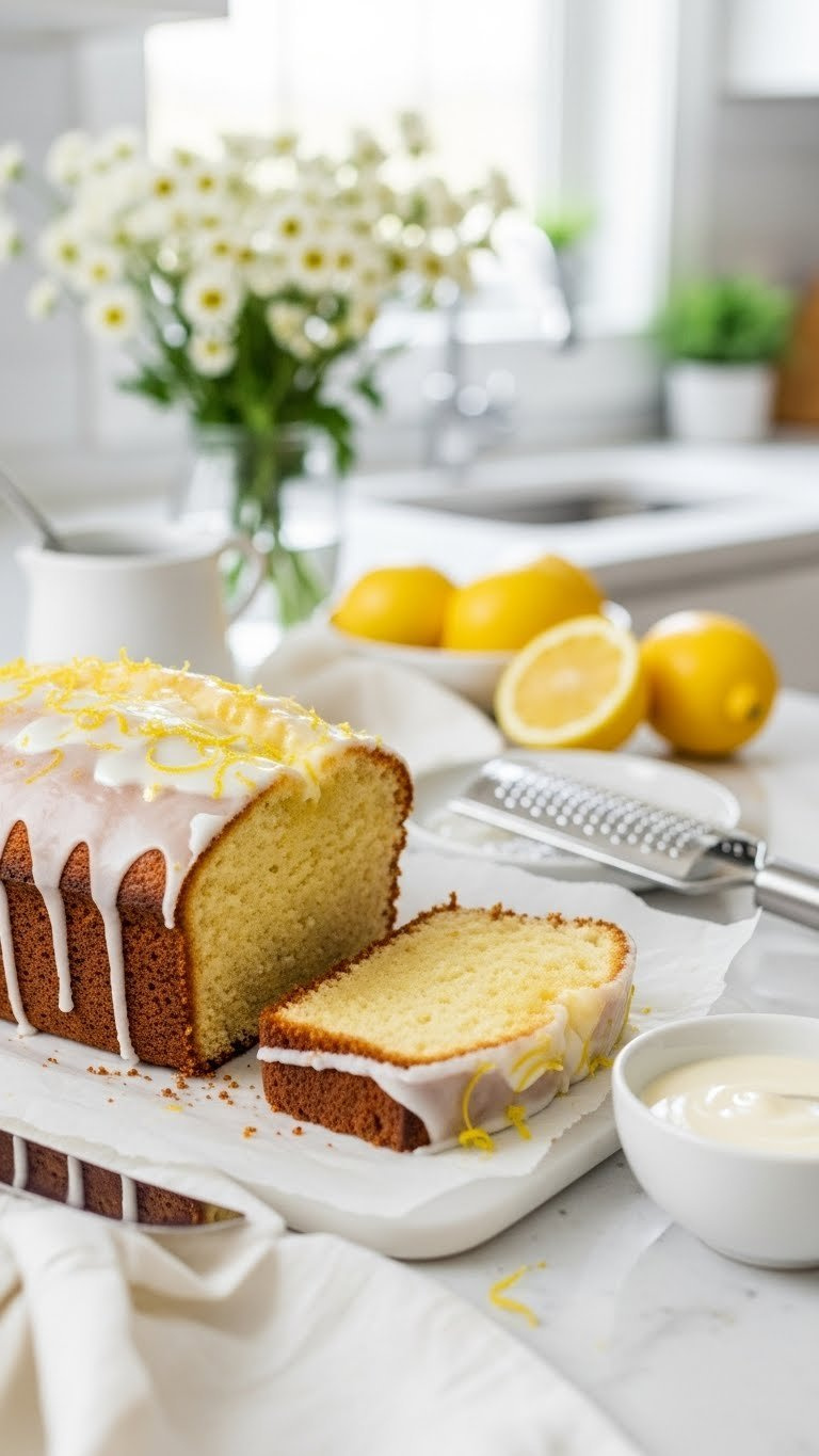Egg-Free Lemon Loaf Slice With Cream Cheese Glaze &Amp; Fresh Zest On White Linen. Bright Kitchen, Fresh Citrus Dessert.