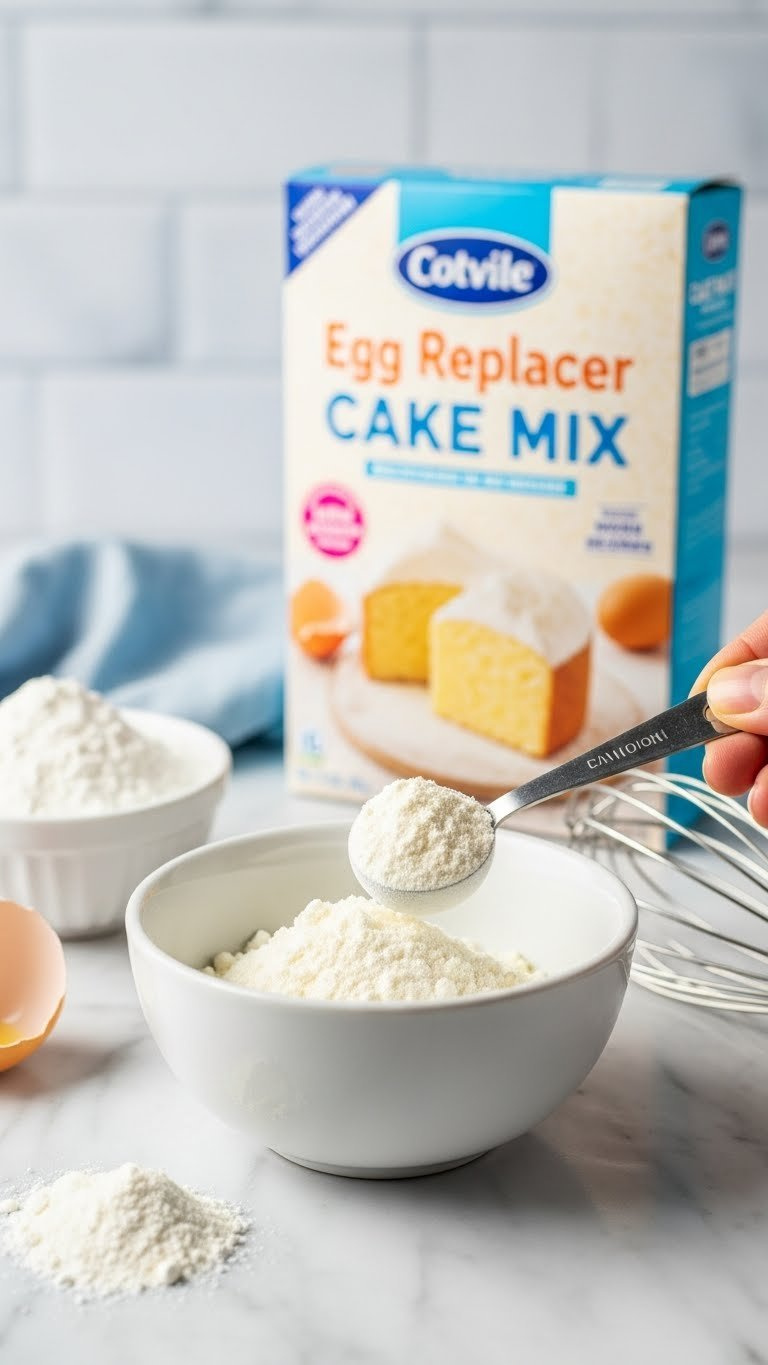 Egg Replacer Powder In A White Bowl With A Measuring Spoon, Next To Blurred Box Cake Mix On A Clean Marble Countertop For Baking.