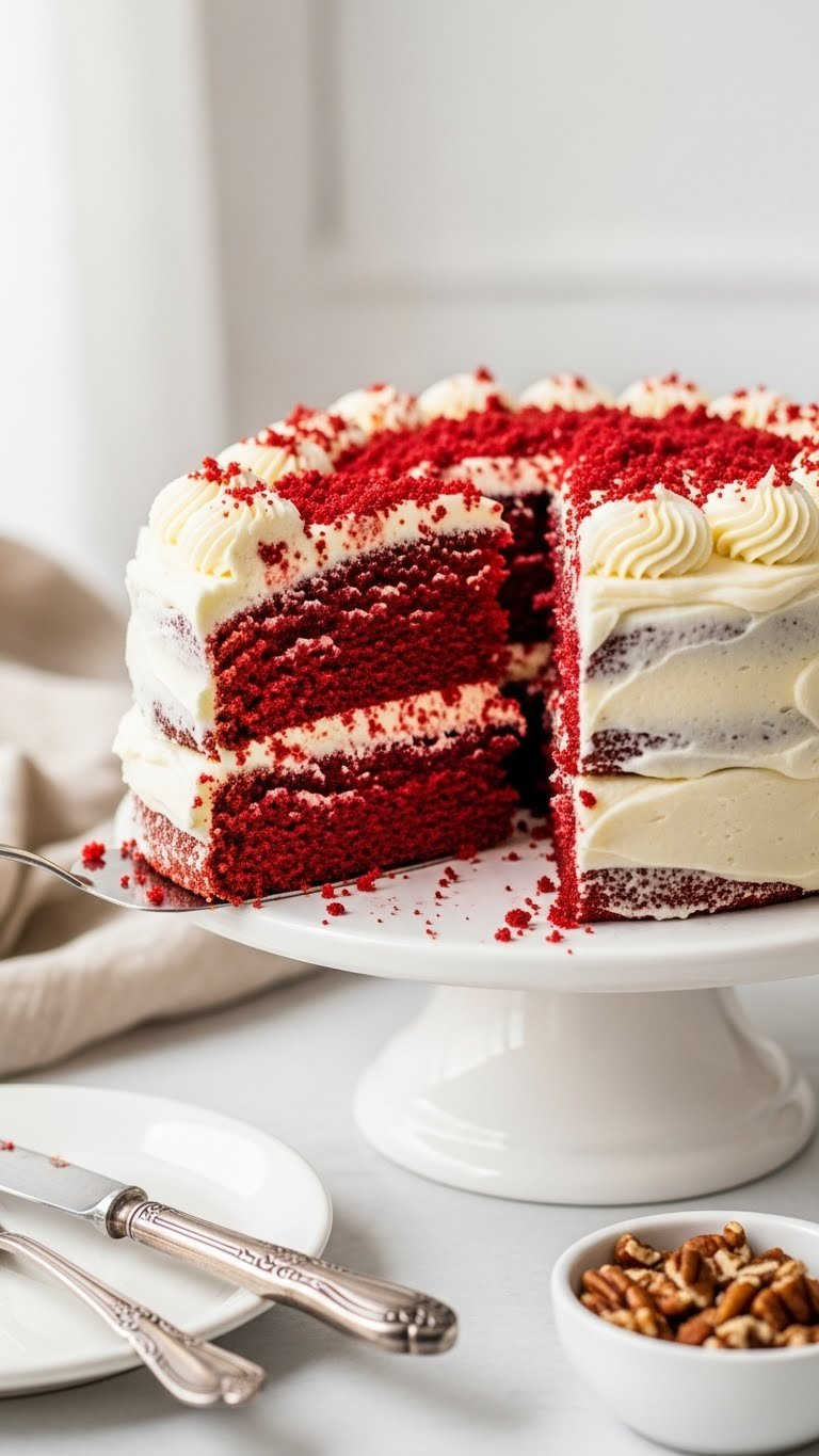 Eggless Red Velvet Cake Slice Revealing Vibrant Red Crumb, With Creamy White Frosting On A Stand. Elegant Dessert.