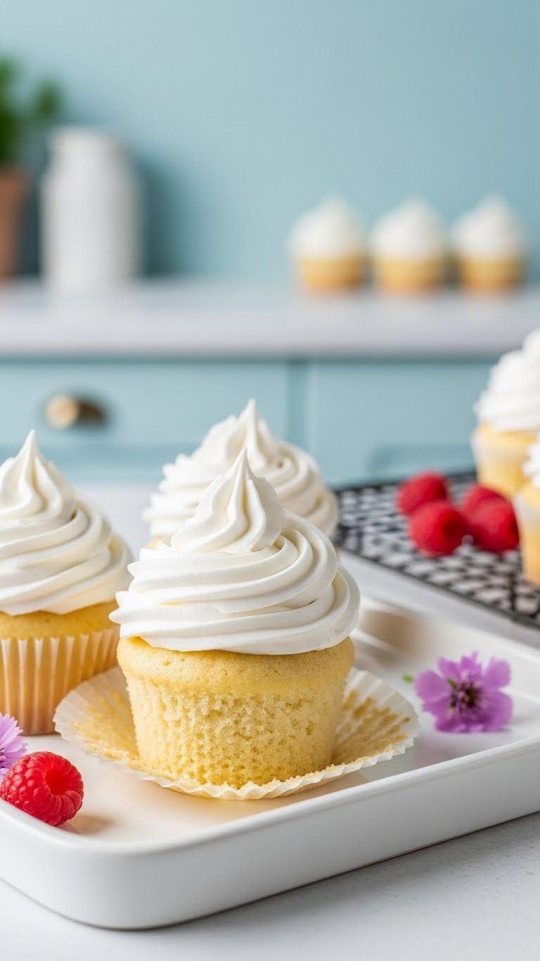 Eggless Vanilla Cupcakes With Fluffy Aquafaba Meringue Frosting &Amp; Raspberries On A White Tray. Bright, Airy, Pinterest-Style Dessert.