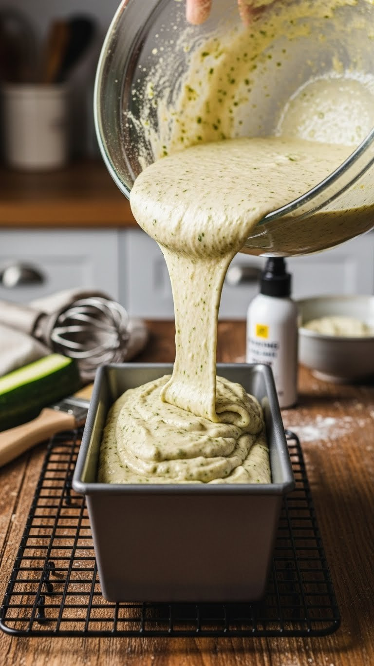 Eggless Zucchini Bread Batter Being Poured Into Greased Loaf Pan Ready For Baking
