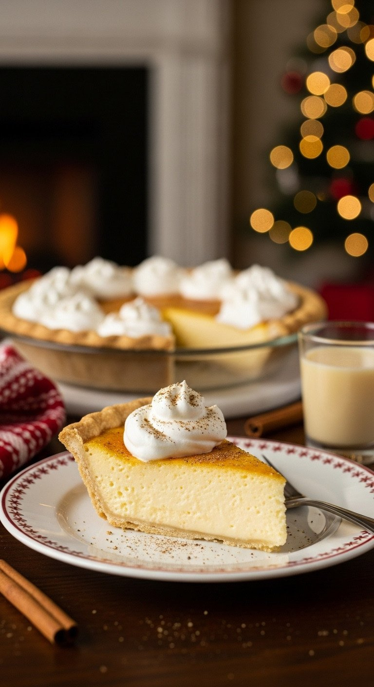 Eggnog Custard Pie Slice. Silky Yellow Filling, Golden Crust, Whipped Cream, Nutmeg. Festive Dessert.