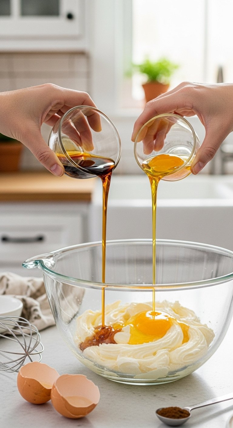 Eggs And Vanilla Extract Pouring Into A Creamy Butter Mixture In A Glass Mixing Bowl.