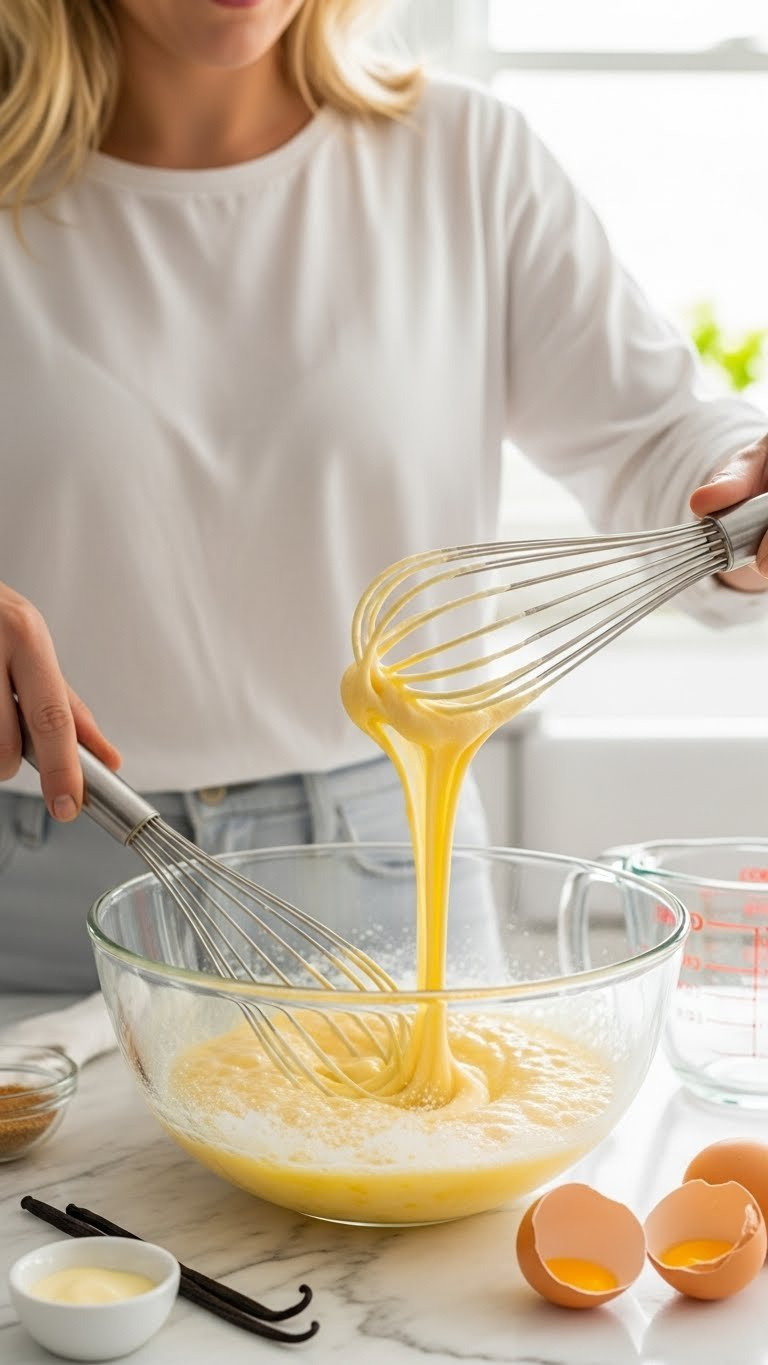 Eggs, Sugar, And Vanilla Extract Being Whisked Together In Glass Mixing Bowl For Light Batter
