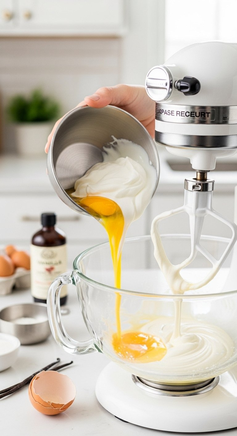 Eggs Vanilla Extract And Sour Cream Gently Mixed Into A Smooth Emulsified Batter In A Glass Stand Mixer Bowl.